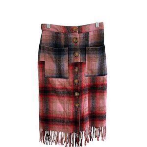 Anthropologie Maeve Fringed Tweed Boho Plaid Skirt Pink Size 0 NWT Winter Fall